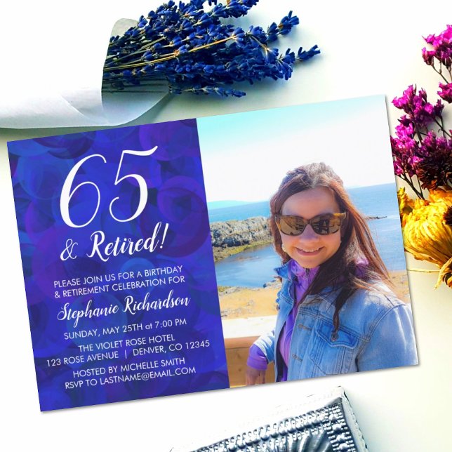 Invitación 65 y Retirado Foto Azul Cumpleaños Jubilación (Subido por el creador)