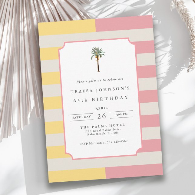 Invitación 65th Birthday Palm Beach Pastel Stripe Tropical (Available in both printed and instant download digital formats.)