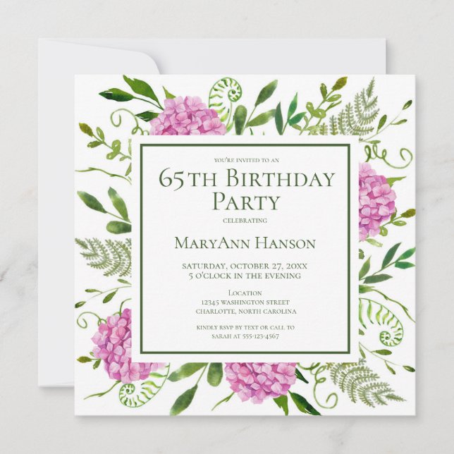 Invitación 65th Birthday Pink Hydrangeas Card Request  (Anverso)