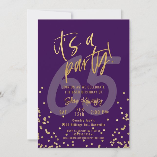 Invitación 65th Purple and Gold Fun Birthday Party (Anverso)