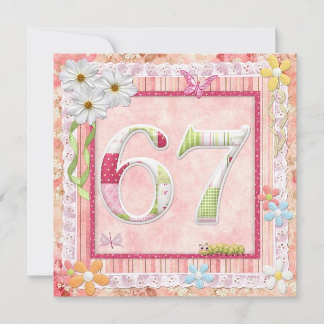 Invitación 67.ª fiesta de cumpleaños estilo scrapbooking (Anverso)