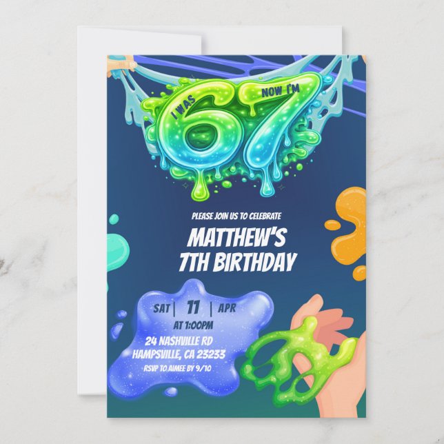 Invitación 67 Boy Neon Blue Green Slime Birthday Invitation (Anverso)