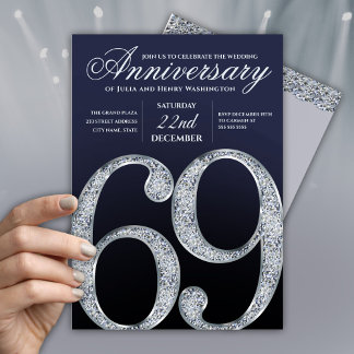 Invitación 69º Aniversario Diamante Plateado Azul Marino Mode