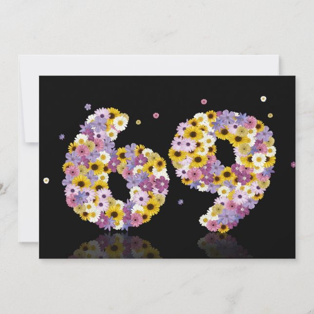 Invitación 69.ª fiesta de cumpleaños, con letras con flores (Anverso)