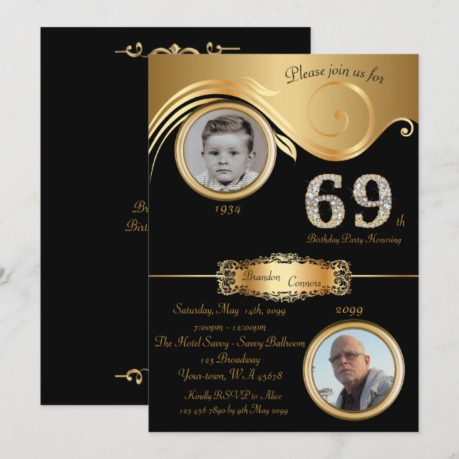 Invitación 69.º cumpleaños 69, elegante deco de arte, oro neg (Anverso / Reverso)
