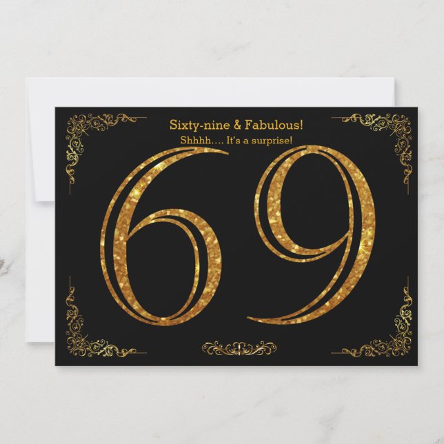 Invitación 69 cumpleaños, Gatsby styl, purpurina de oro negro (Anverso)