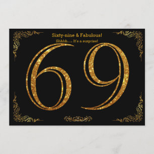 Invitación 69 cumpleaños, Gatsby styl, purpurina de oro negro