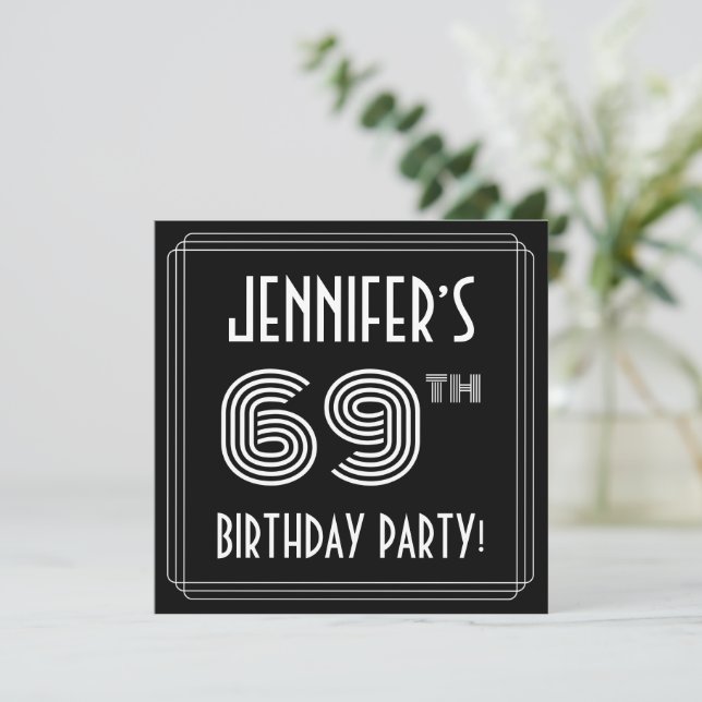 Invitación 69th Birthday Party: Art Deco Style w/ Custom Name (Anverso de pie)