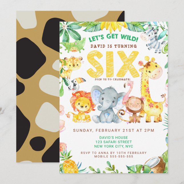 Invitación 6.ª fiesta de cumpleaños Animales Zoo Jungle Safar (Anverso / Reverso)