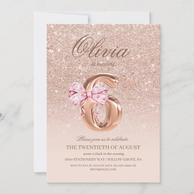 Invitación 6.ª fiesta de cumpleaños de Rosa de oro rosado (Anverso)