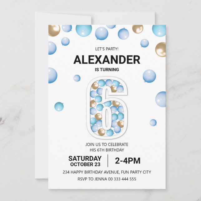 Invitación 6.ª fiesta de cumpleaños, Globo Azul y Oro (Anverso)
