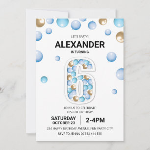 Invitación 6.ª fiesta de cumpleaños, Globo Azul y Oro