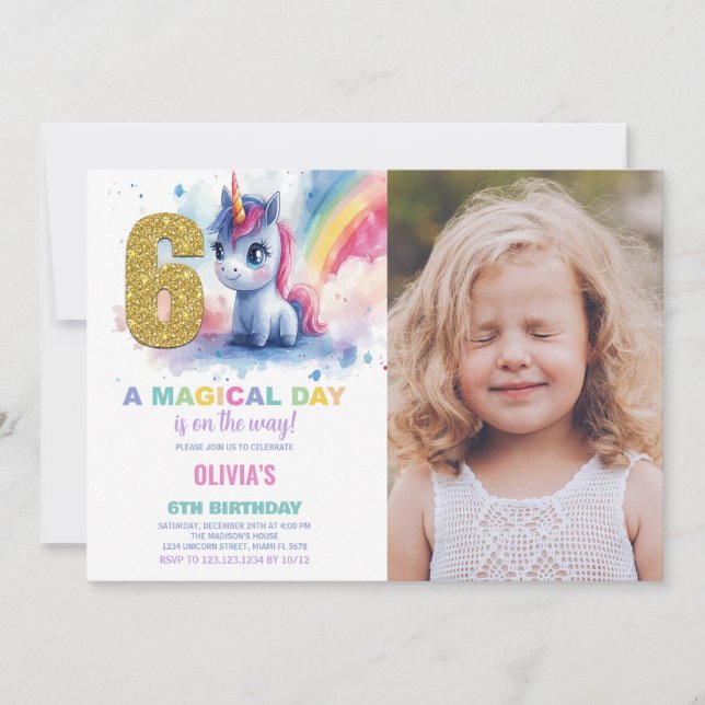 Invitación 6.ª foto de unicornio de cumpleaños (Anverso)