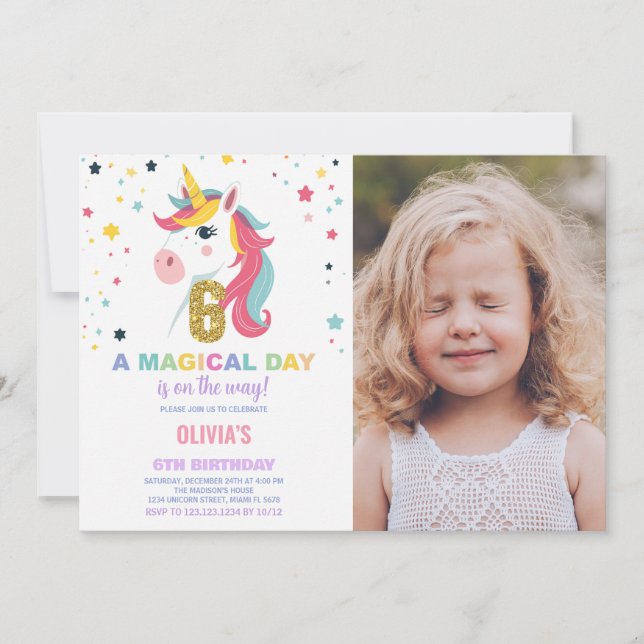 Invitación 6.ª foto de unicornio de cumpleaños (Anverso)