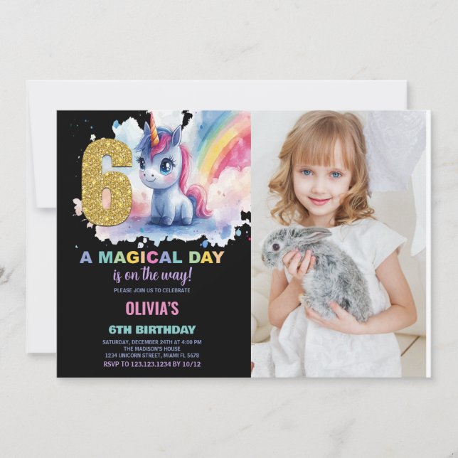 Invitación 6.ª foto de unicornio de cumpleaños (Anverso)