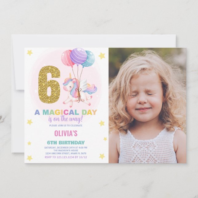 Invitación 6.ª foto de unicornio de cumpleaños (Anverso)