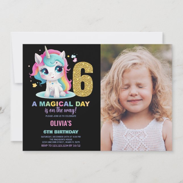 Invitación 6.ª foto de unicornio de cumpleaños (Anverso)