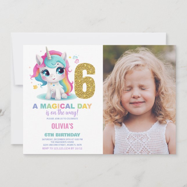Invitación 6.ª foto de unicornio de cumpleaños (Anverso)