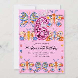 Invitación 6.ª mariposa rosa de cumpleaños