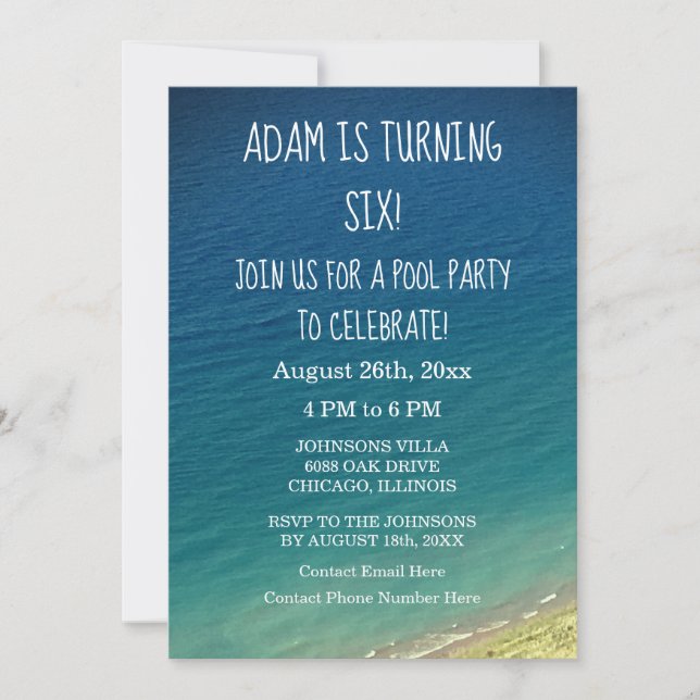 Invitación 6.ª piscina de cumpleaños Fiesta Blue Water Seasho (Anverso)