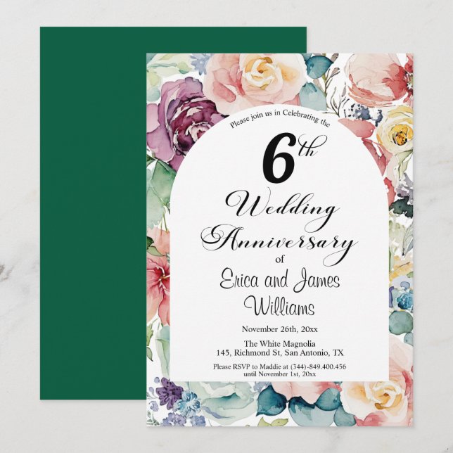 Invitación 6.º Aniversario Boda Elegante Script Floral (Anverso / Reverso)