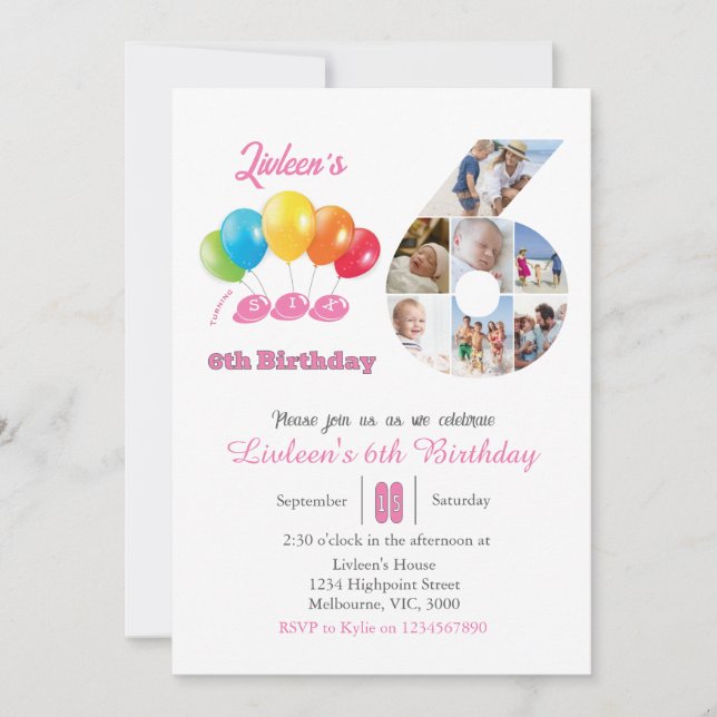 Invitación 6.º Chica de collage de fotos de cumpleaños número (Anverso)