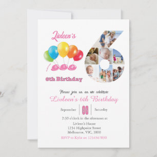Invitación 6.º Chica de collage de fotos de cumpleaños número