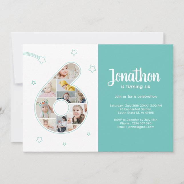 Invitación 6.º Collage de fotos Personalizado de la fiesta de (Anverso)