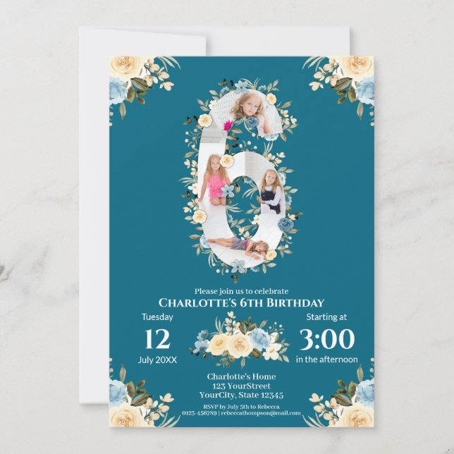 Invitación 6.º cumpleaños Collage de fotos de flores Verde az (Anverso)