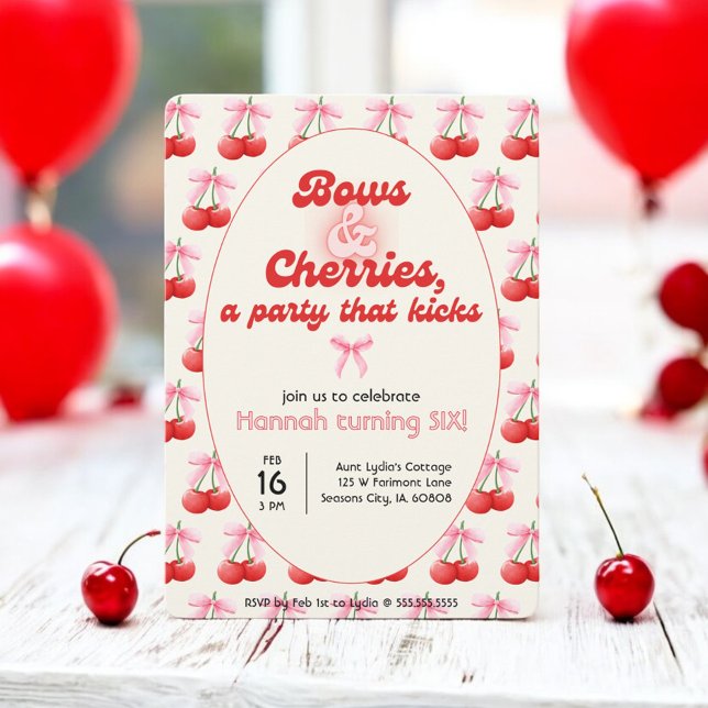Invitación 6.º cumpleaños Coquette Cherries batió letras de b (Subido por el creador)