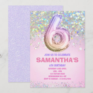 Invitación 6.º cumpleaños, cumpleaños Purpurina arcoiris