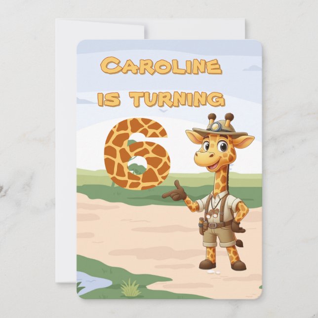 Invitación 6.º cumpleaños Cute Explorer Giraffe en safari (Anverso)