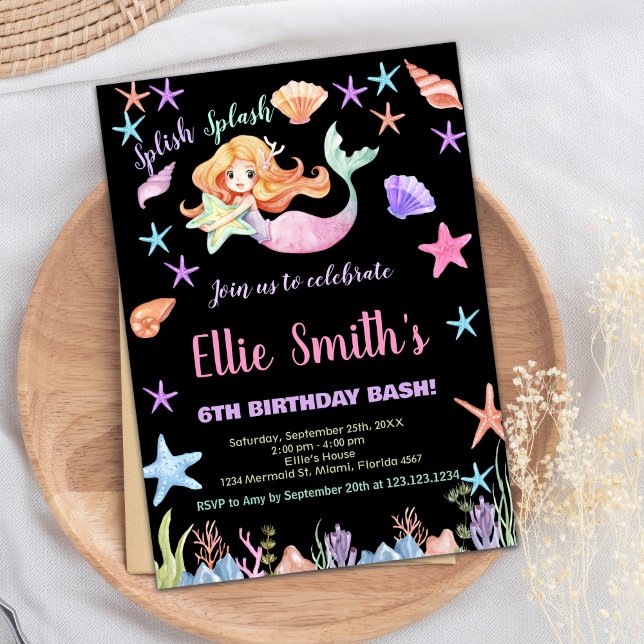 Invitación 6.º cumpleaños de sirena rosada bajo el mar (6th Pink Under the sea Mermaid Birthday Invitation)