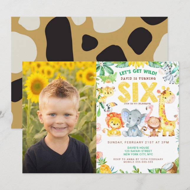 Invitación 6.º cumpleaños Safari Jungle Animales imagen de ni (Anverso / Reverso)