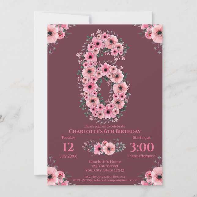 Invitación 6.º Gran Chica de Cumpleaños Flores Rosadas Foliag (Anverso)