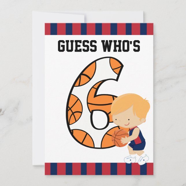 Invitación 6.º jugador de baloncesto azul y rojo v2 (Anverso)