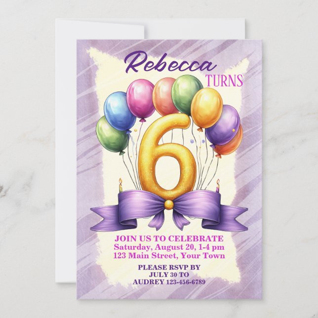 Invitación 6.º tema del globo de cumpleaños (Anverso)