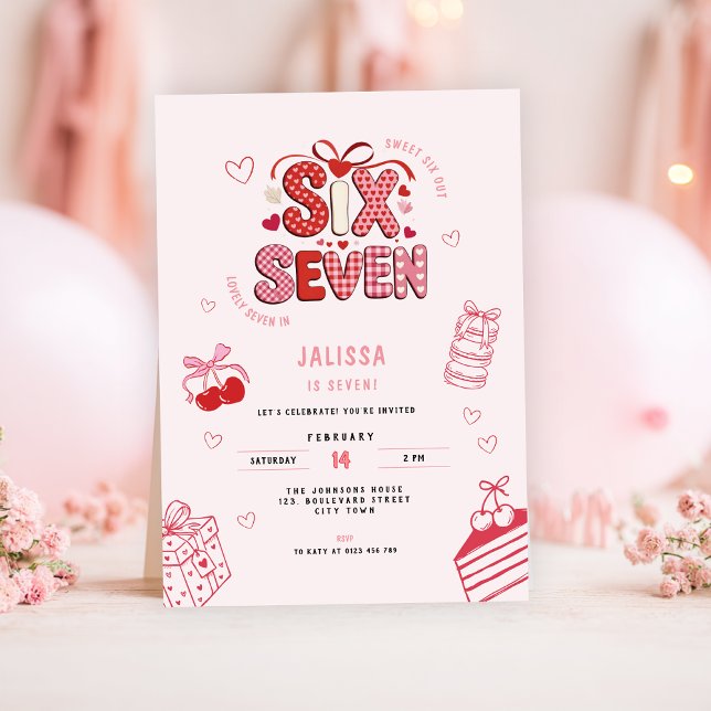 Invitación 6 7 Birthday for Girls, Pink 7th Kids Party  (pink 6 7 kids girl's birthday party invitation)