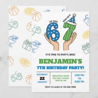 Invitación 6-7 Birthday Invitation for Boys, Six Seven Meme
