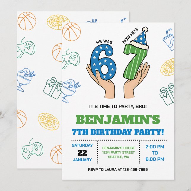 Invitación 6-7 Birthday Invitation for Boys, Six Seven Meme (Anverso / Reverso)