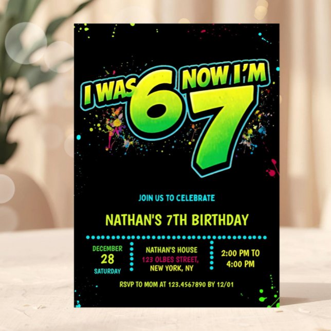 Invitación 6 7 Boy Neon Six Seven Birthday Graffiti (7th birthday invitation, neon birthday invite, graffiti birthday invitation, glow party invite, I wa)