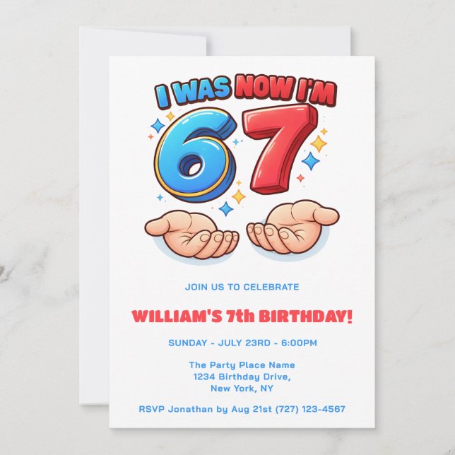 Invitación 6 7 Funny Meme red & blue kid birthday (Anverso)