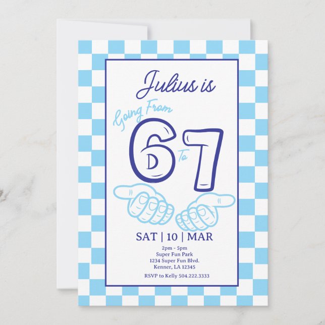 Invitación 6 7 Meme Birthday Blue Checkerboard Invitation (Anverso)