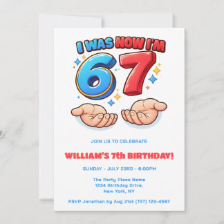 Invitación 6 7 Meme divertido cumpleaños infantil rojo y azul