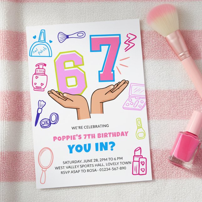Invitación 6 7 Meme Makeup Doodle Art Girl Birthday (Girls spa or beauty pamper party with 6 7 numbers in hands meme)