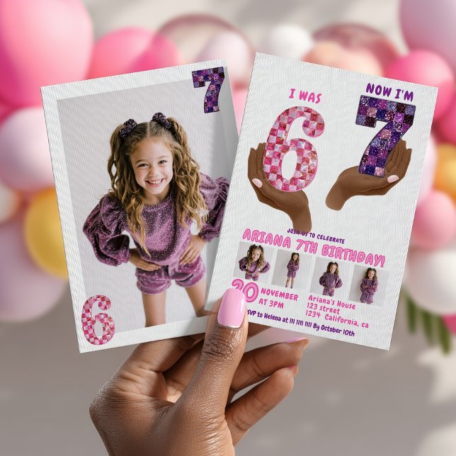 Invitación 6 7 Meme Retro Pink Purple Checker Kids Birthday (6 7 Meme Retro Pink Purple Checker Kids Birthday Invitation)