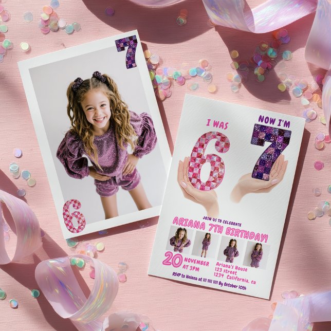 Invitación 6 7 Meme Retro Pink Purple Checker Kids Birthday (6 7 Meme Retro Pink Purple Checker Kids Birthday Invitation)
