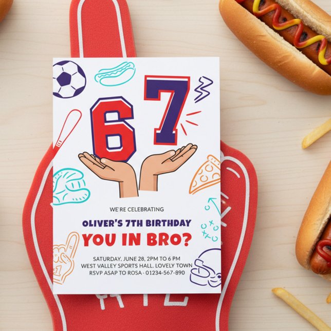 Invitación 6 7 Meme Sport Red Blue Boy Birthday Invitation (Red white and blue sport birthday invite with 6 7 numbers in hands meme.)