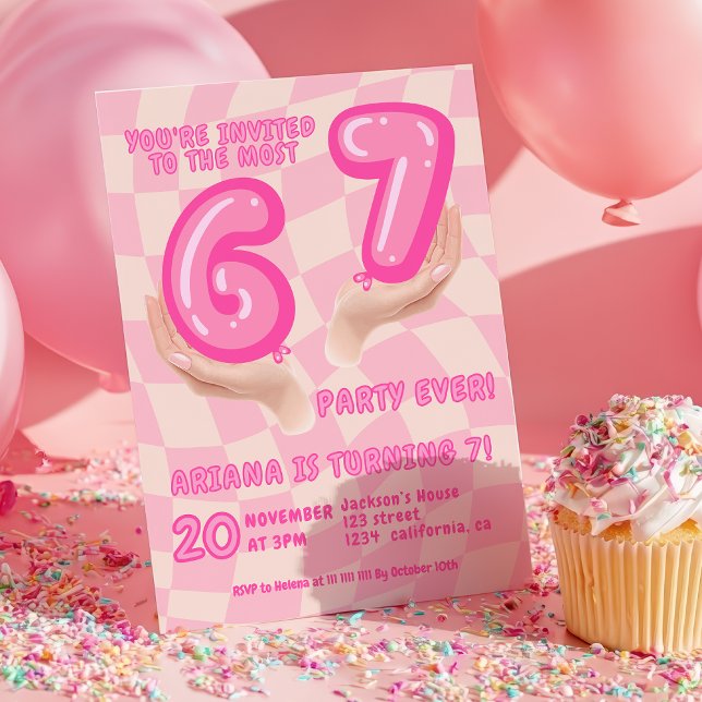 Invitación 6 7 Meme Trend Six Seven Birthday party Retro Pink (6 7 Meme Trend Six Seven Birthday party Retro Pink Invitation)