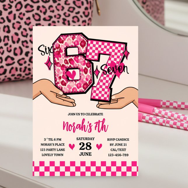 Invitación 6 7 Meme Varsity Leopard Checkerboard Girl's Party (Varsity 6 7 numbers in hands meme with checkerboard and leopard print )